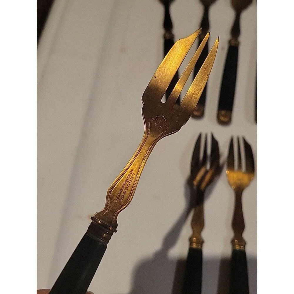 RARE Set Of 12 Antique Pie Forks Leduc Paris France Goldtone Black Victorian Lot